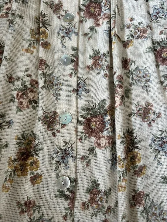 Vintage Linen Blend Cream Floral Midi Dress with Buttons - Picture 7 of 10